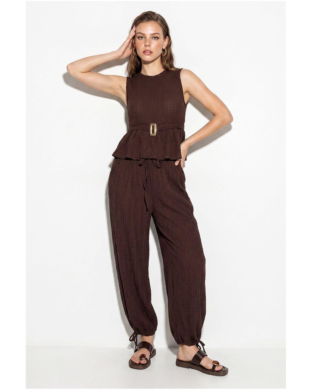 Bianco Lucci Brown High Waist Wide Leg Two-Piece Coord