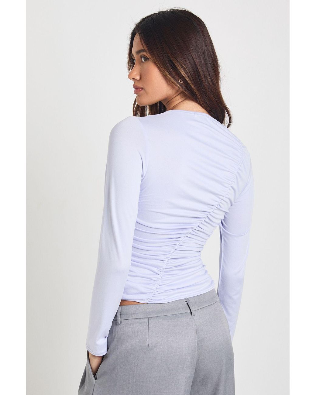Boohoo Gray Asymmetric Ruched Detail Long Sleeve Top
