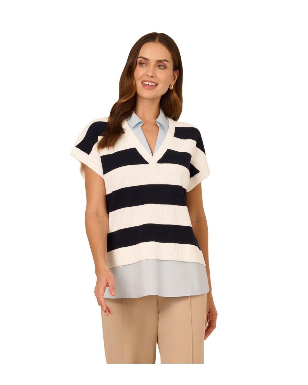Adrianna Papell Multicolor Rugby Striped V-Neck Vest Twofer Sweater W/ Woven Combo