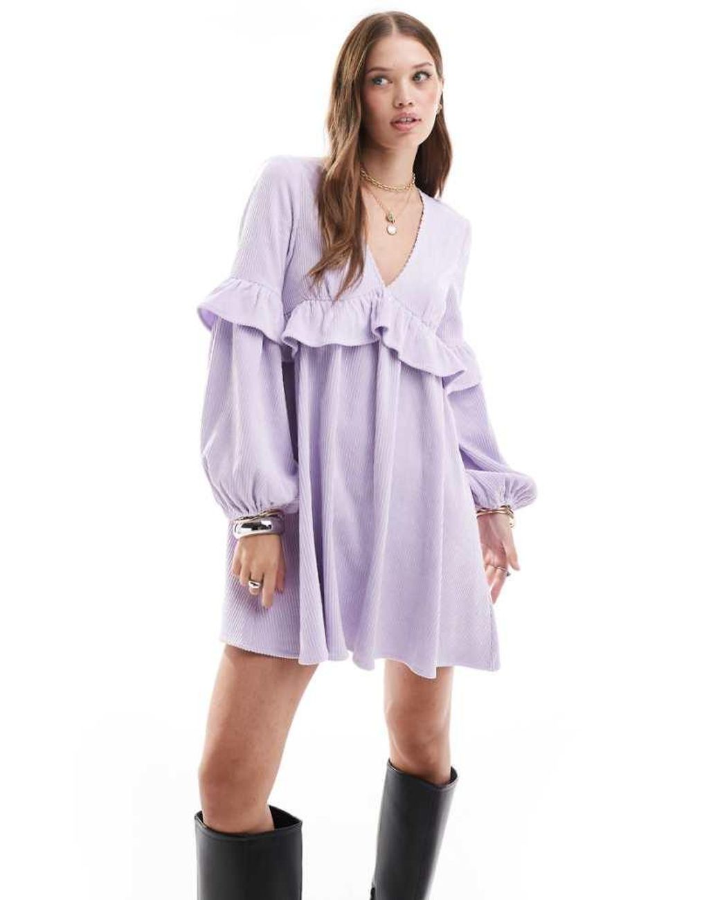 ASOS Purple Cord Smock Mini Dress With Frill Detail