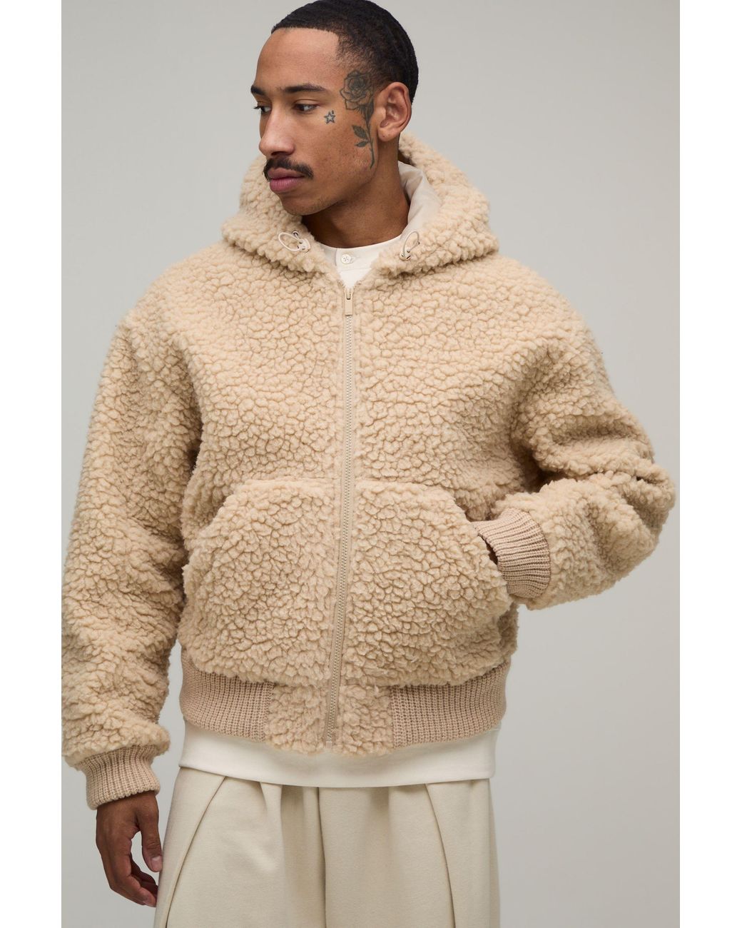 BoohooMAN Natural Boxy Fit Chunky Borg Knit Rib Hooded Jacket for men