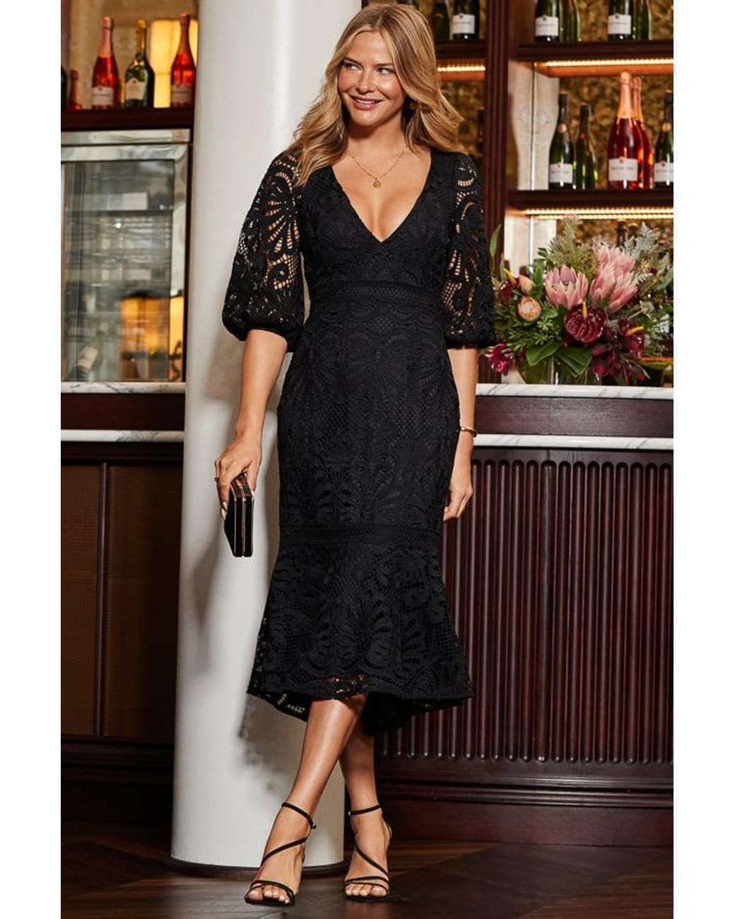 Sosandar Black Luxe Lace Midi Dress