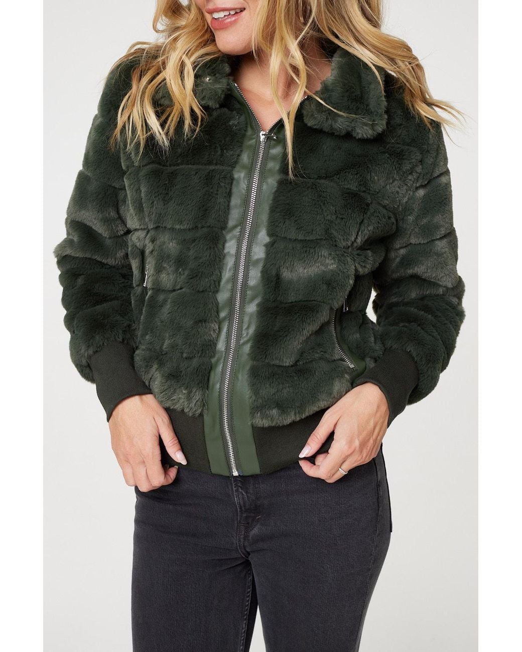 Izabel London Green Faux Fur Zip Front Jacket
