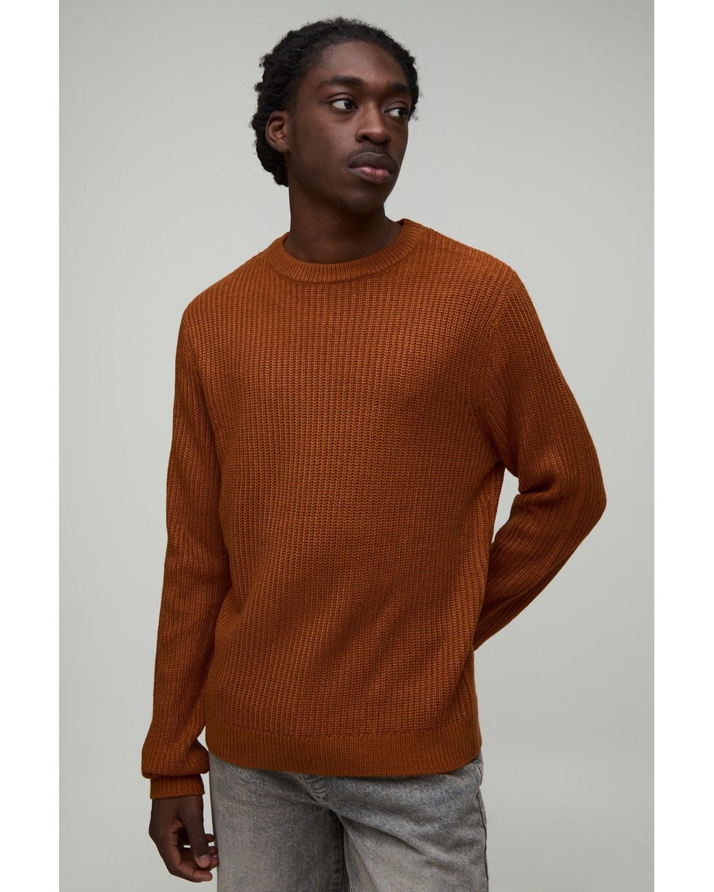 BoohooMAN Brown Regular Fit Ribbed Knitted Jumper for men