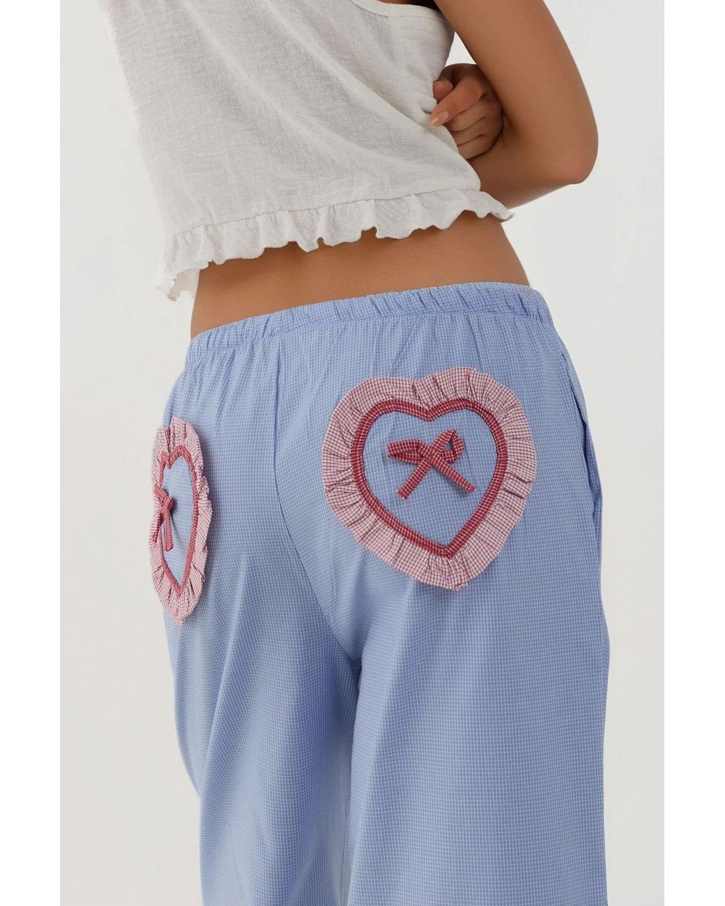 Hiccup Blue Heart Detail Wide Leg Plaid Lounge Bottoms