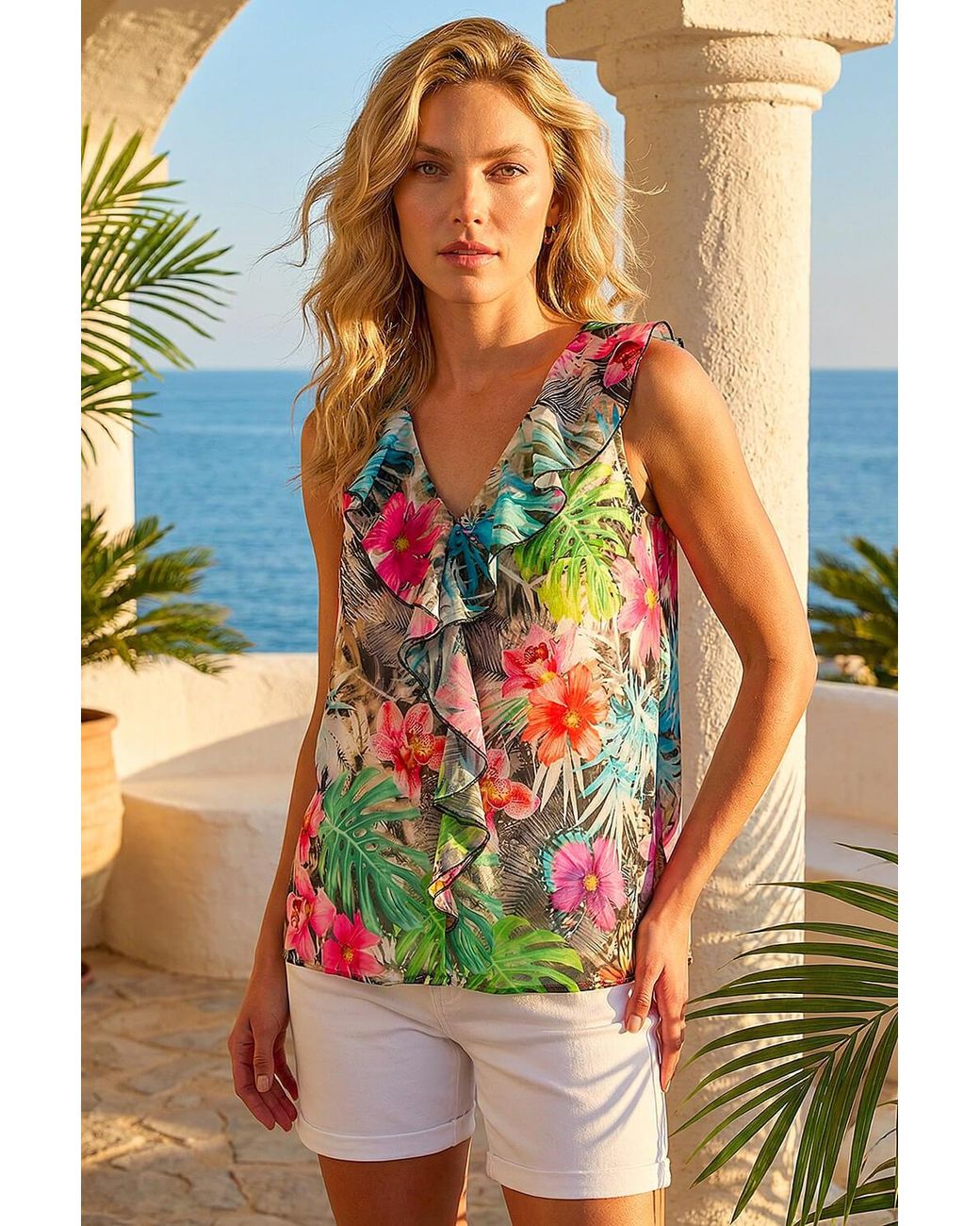 Roman Red Tropical Print Ruffle Front Vest