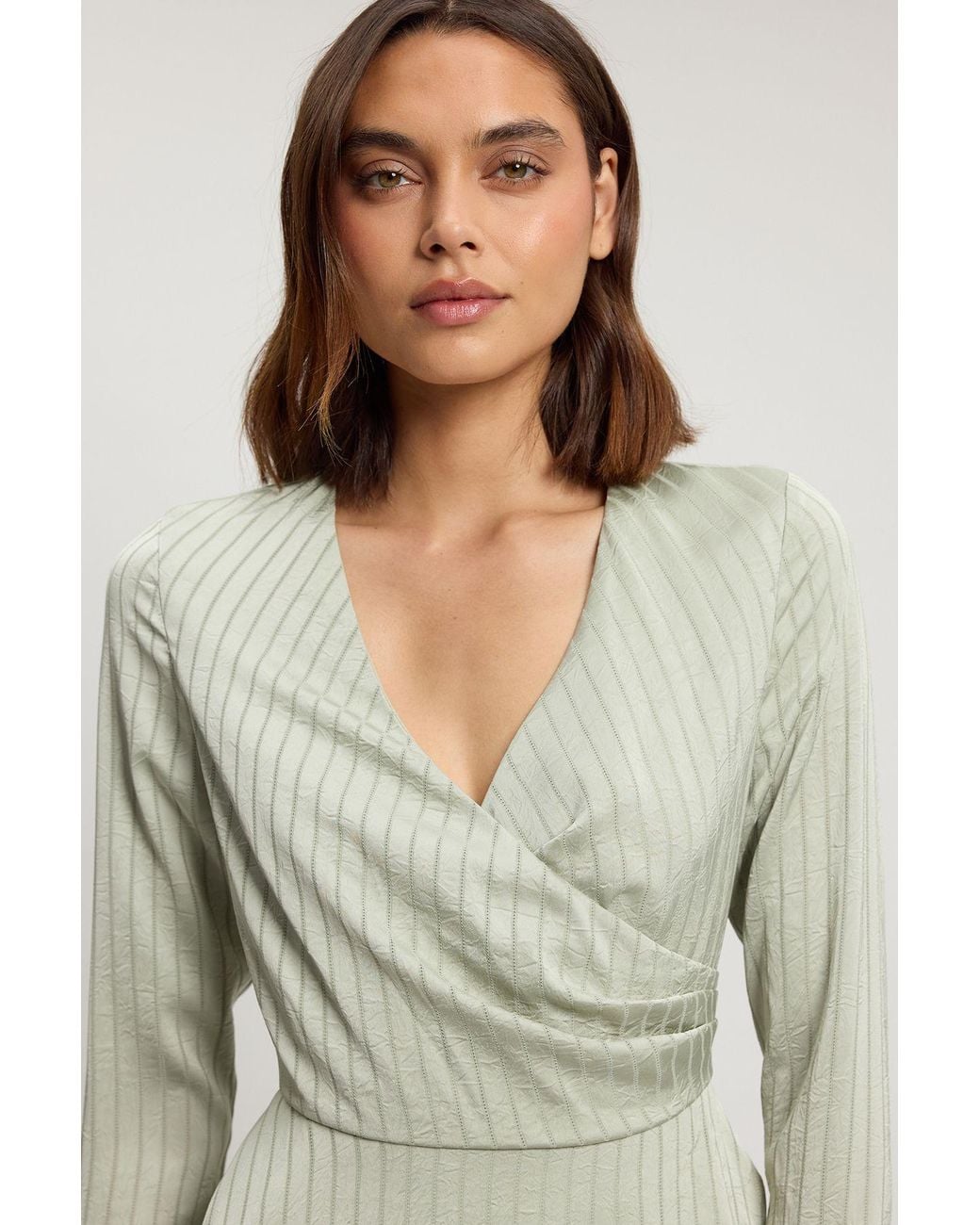 Karen Millen Green Hammered Satin With Lace Trim Long Sleeve Hanky Hem Dress