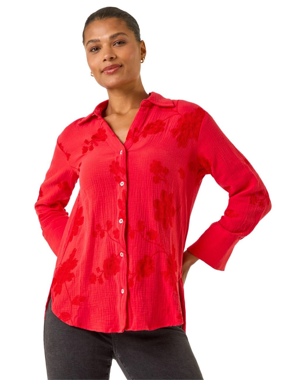 Roman Floral Embroidered Collared Shirt