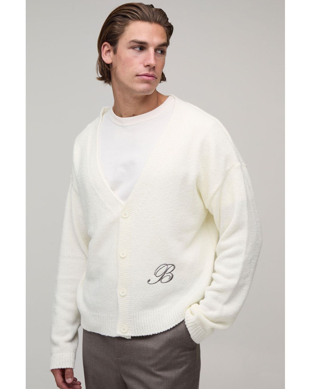 BoohooMAN White Relaxed Boxy Boucle Branded Knitted Cardigan for men