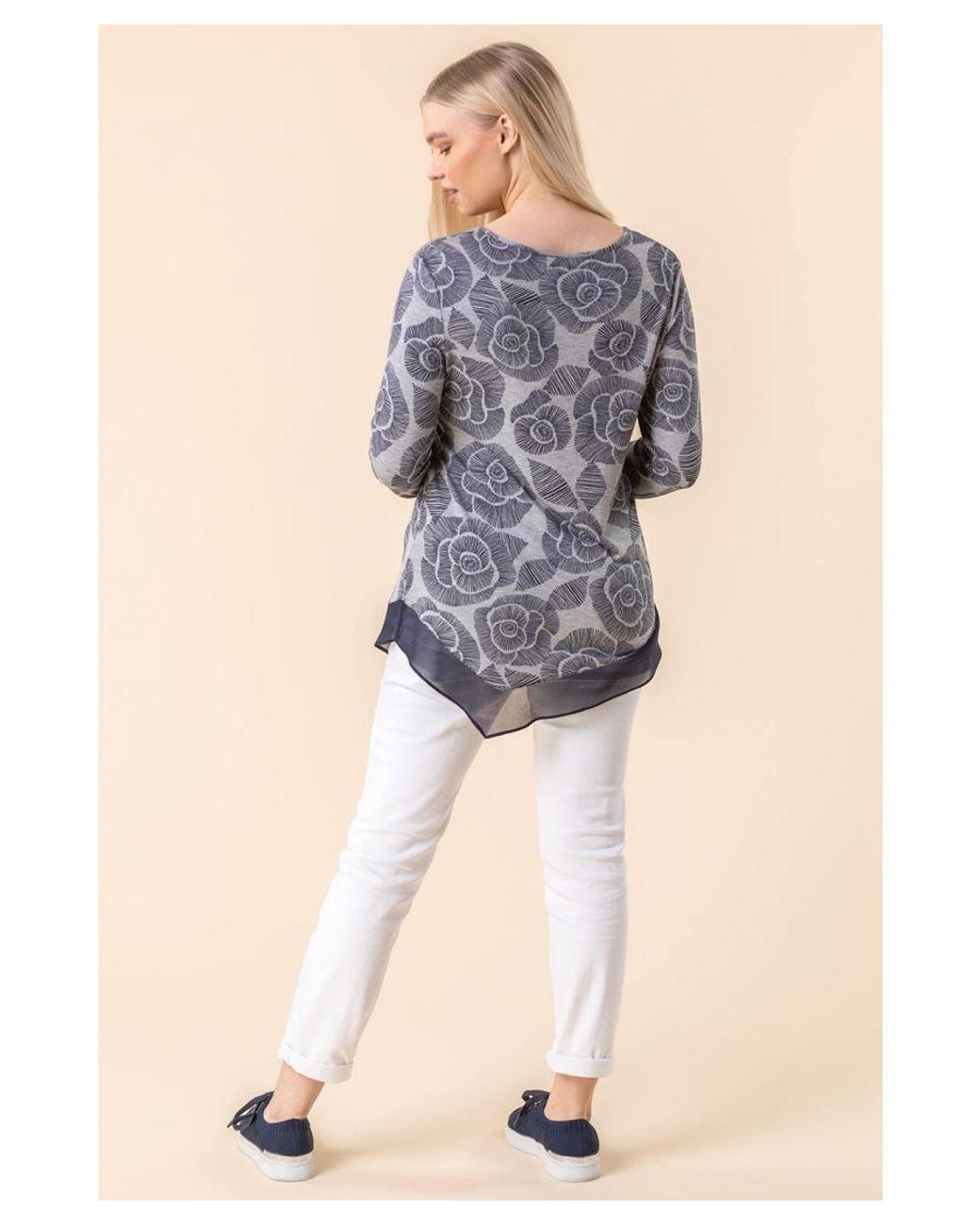 Roman Gray Rose Print Chiffon Hem Top