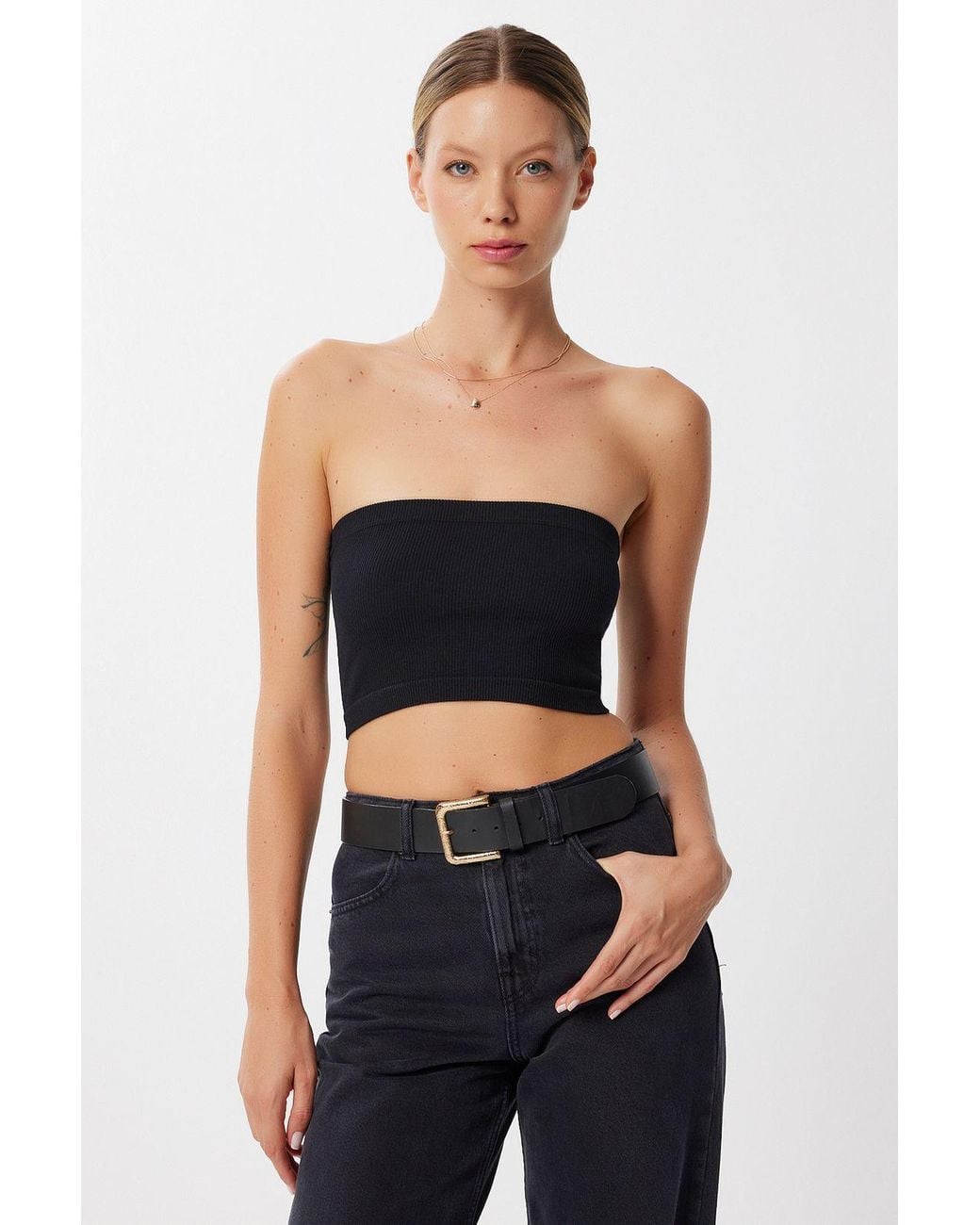 Happiness İstanbul Black Ribbed Bandeau Crop Blouse