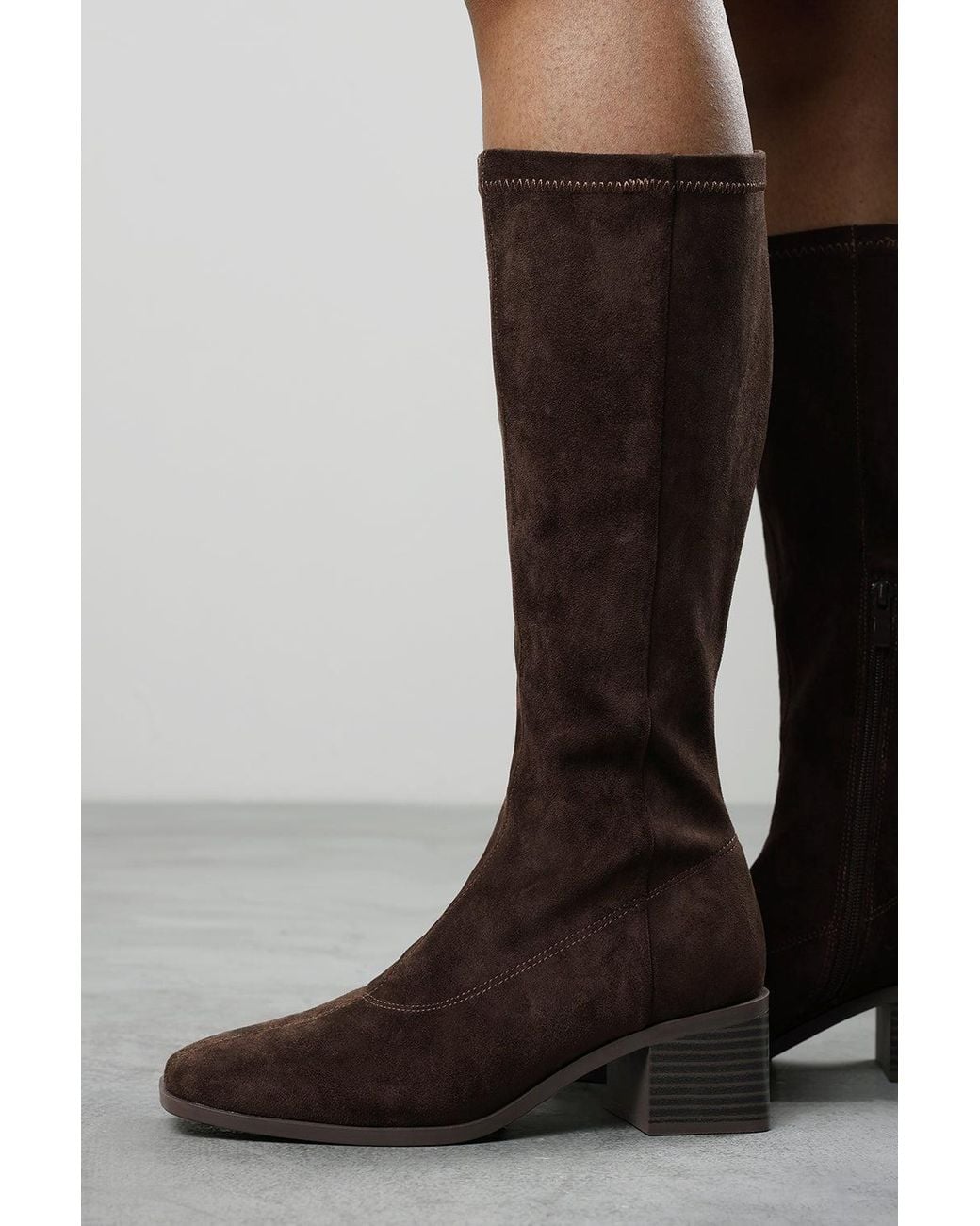 Where's That From Black Ezzira Square Low Block Heel Stretch Knee High Boots