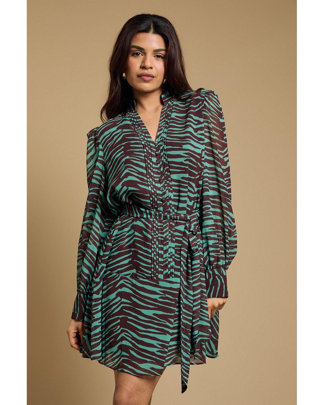 Oasis Blue Petite Printed Chiffon Button Up Belted Waist Mini Dress