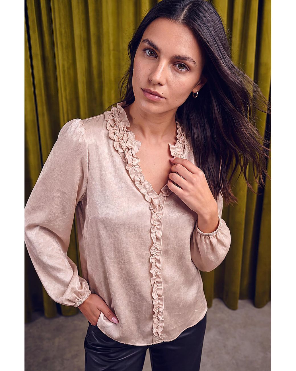Roman Pink Crinkle Satin Frill V-Neck Top