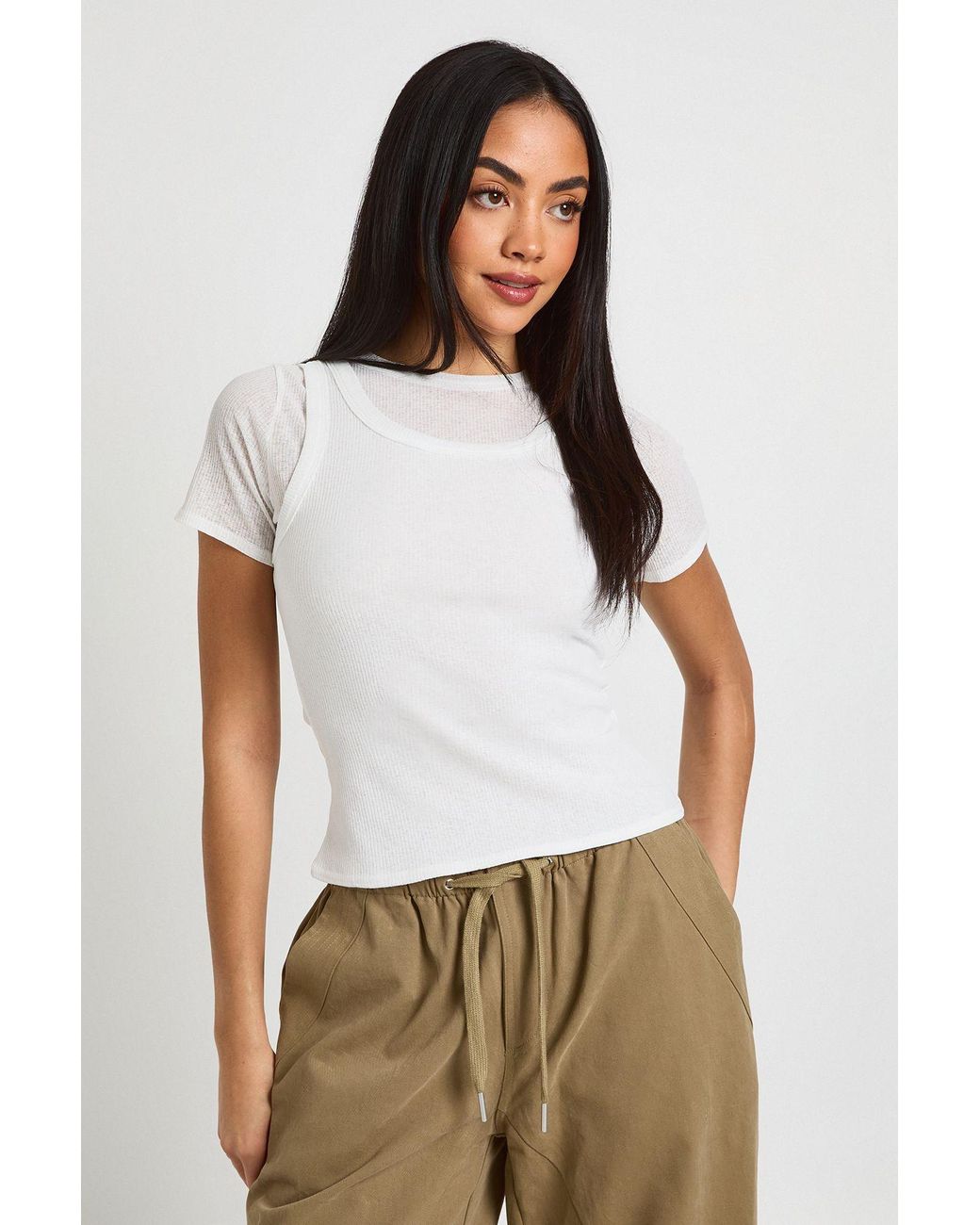 Boohoo White Sherred Textured Rib Double Layered Top