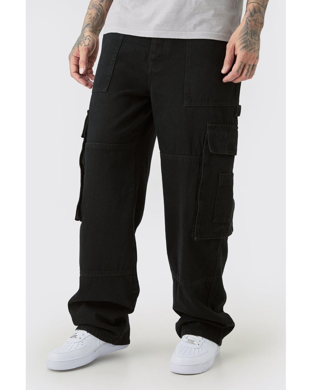 BoohooMAN Black Tall Baggy Fit Cargo Jeans for men