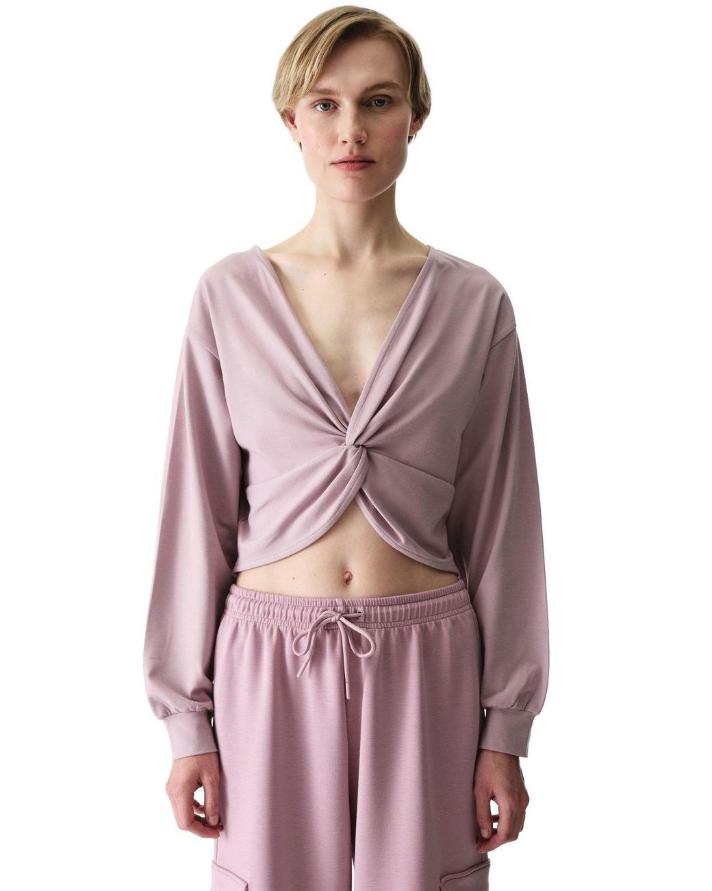 Penti Purple Oversized V-Neck Midi Sweatshirt With Tie Detail