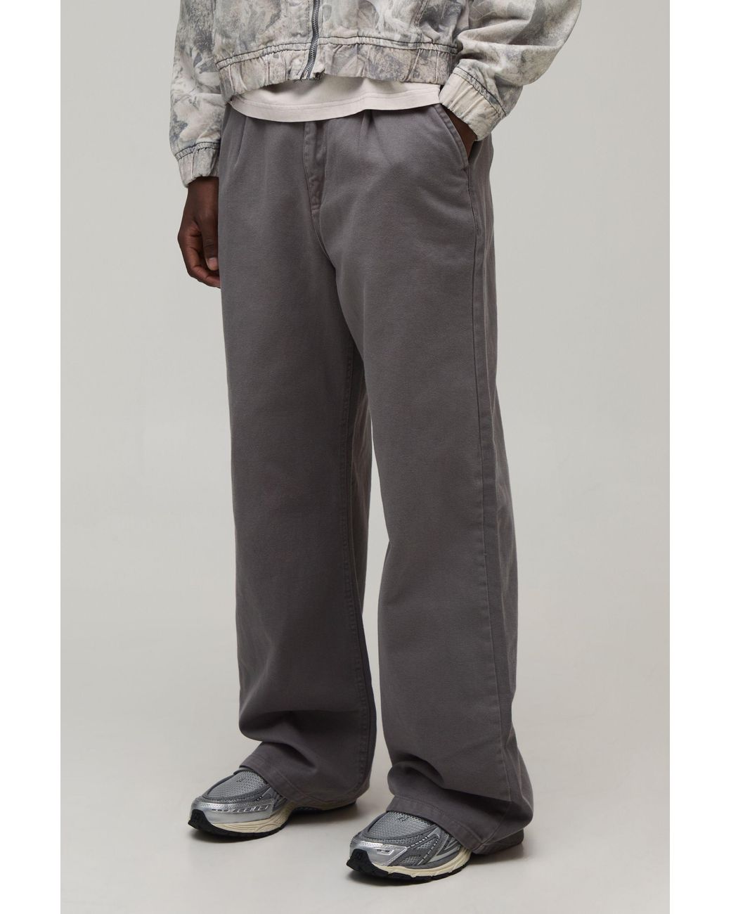 BoohooMAN Gray Wide Fit Half & Waistband Washed Twill Trouser for men