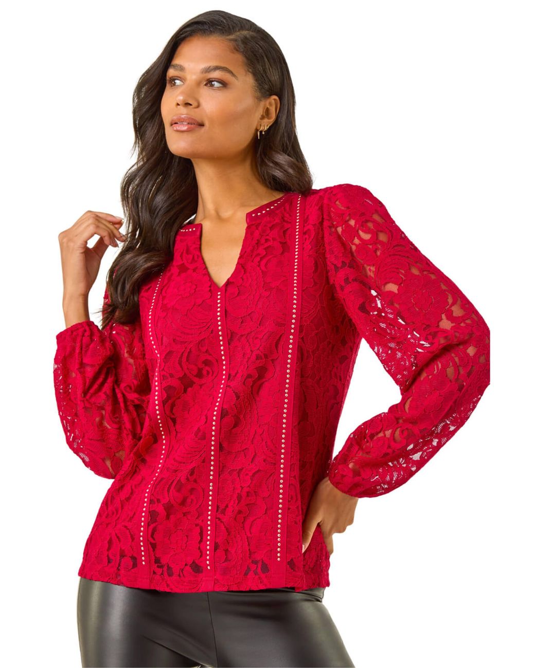 Roman Red Studded Lace Notch Neck Top