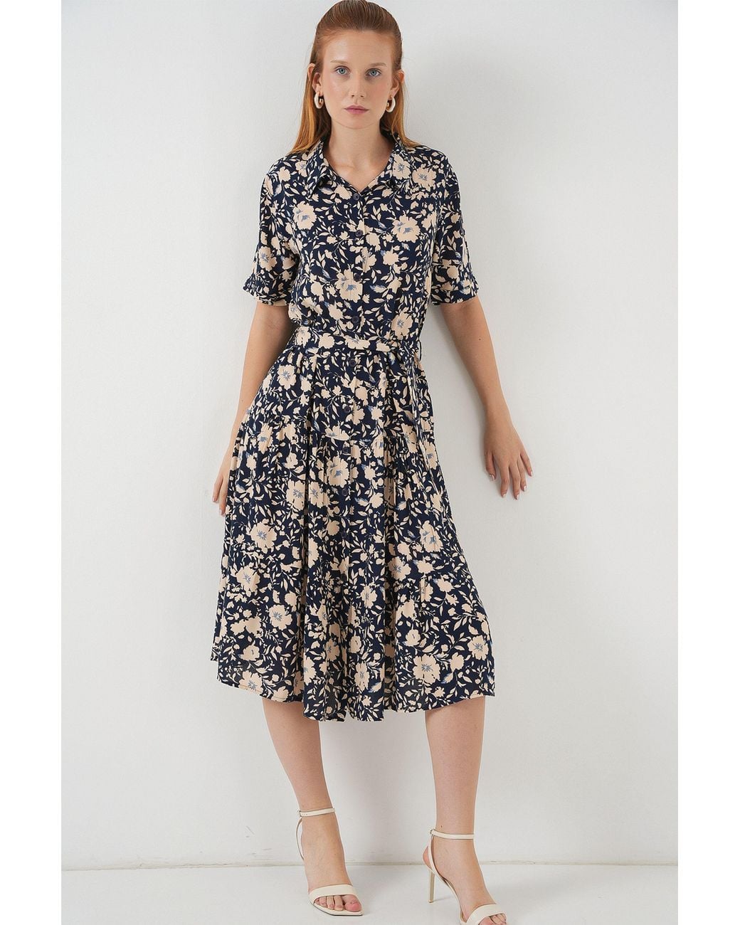 Bigdart Blue Patterned Midi Shirt Dress
