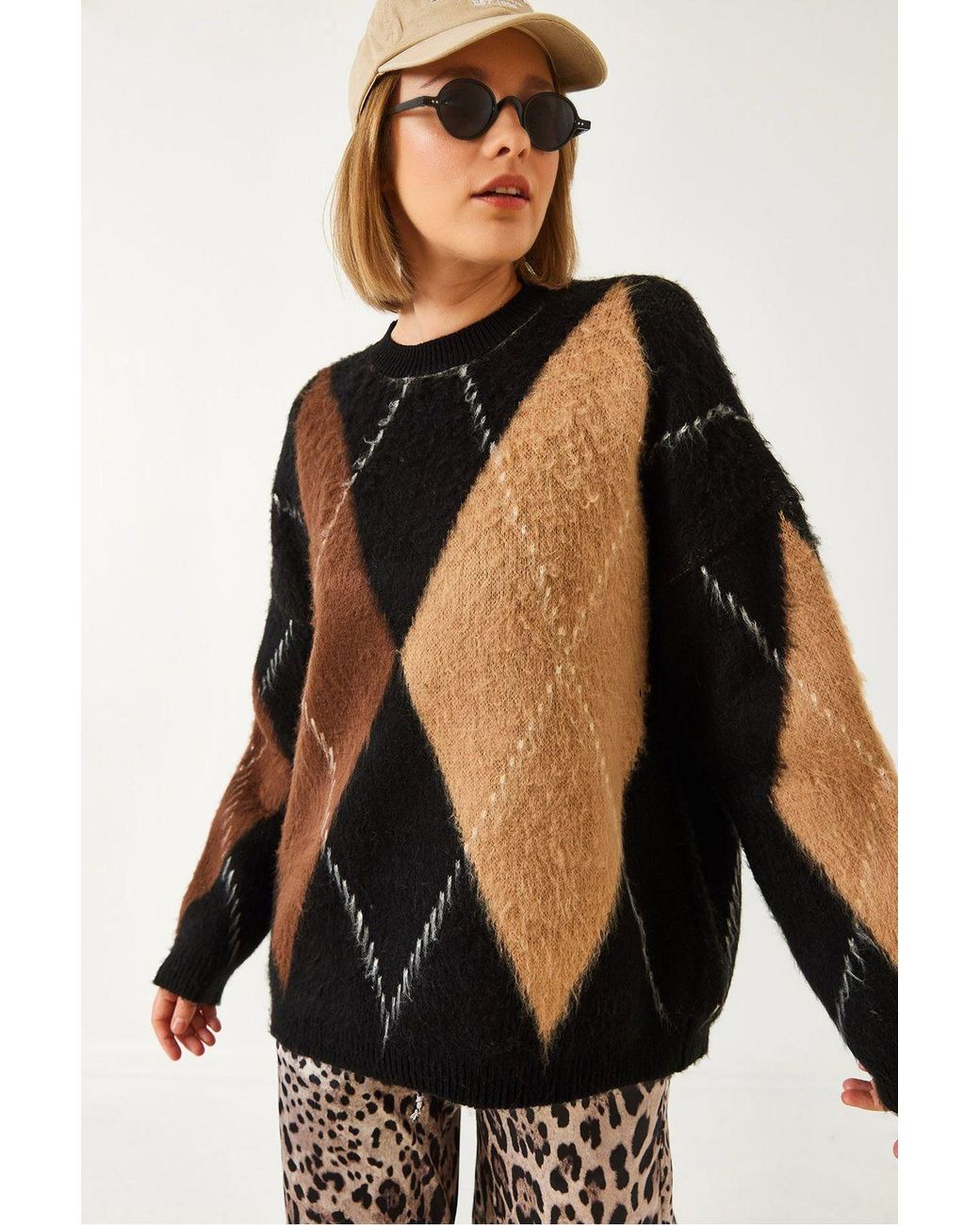 Bianco Lucci Black Oversized Diamond Printed Sweater