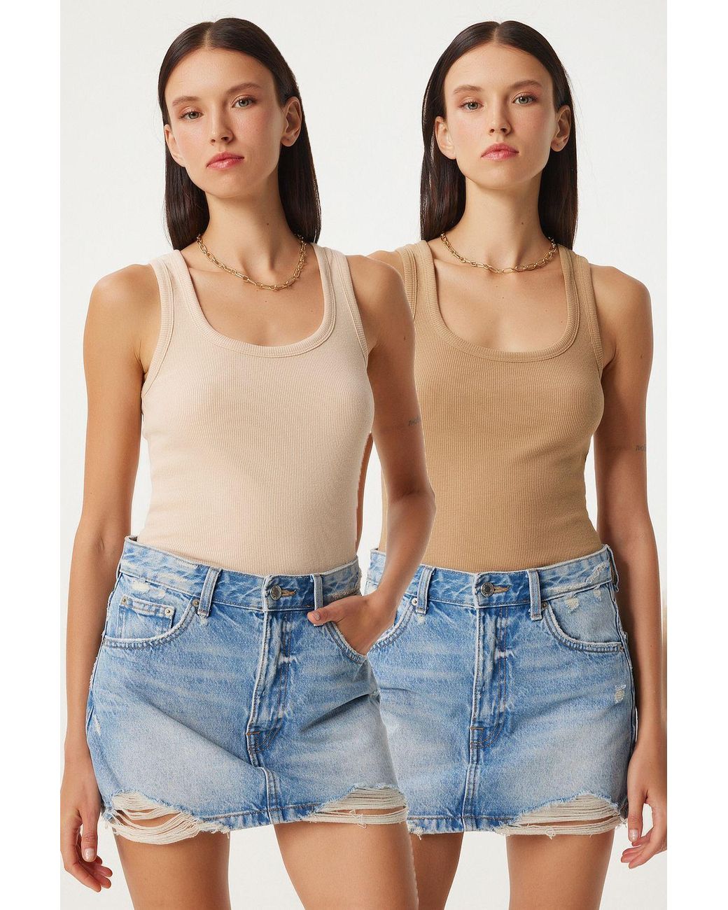 Happiness İstanbul Blue Fitted U Collar Knitted 2- Pack Tank Top