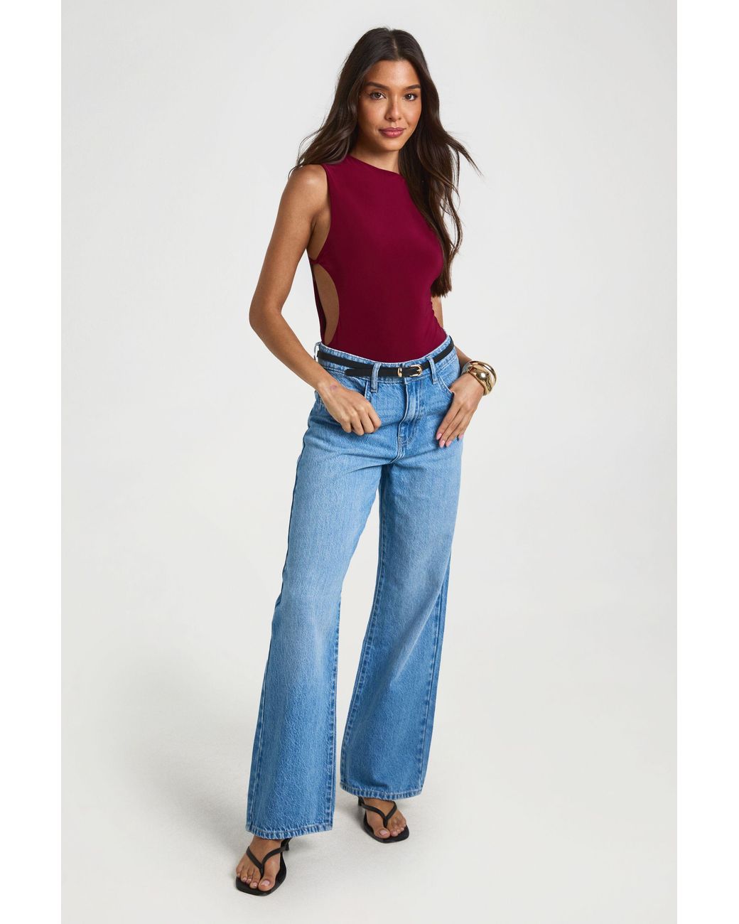 Boohoo Red Slinky Twist Side Detail Cut Out Bodysuit