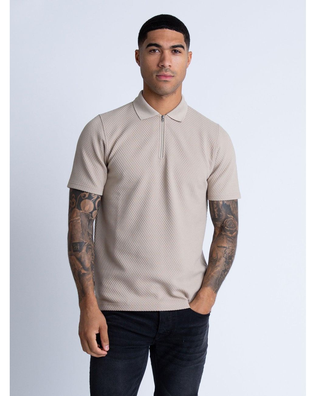 Luke 1977 Gray Gilbraltar Waffle Jacquard Textured Zip Polo for men