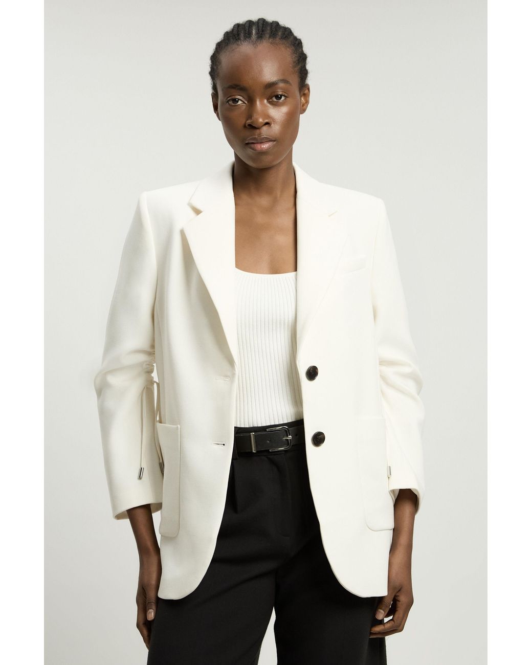 Karen Millen Natural Compact Stretch Ruched Sleeve Detail Single Breasted Blazer
