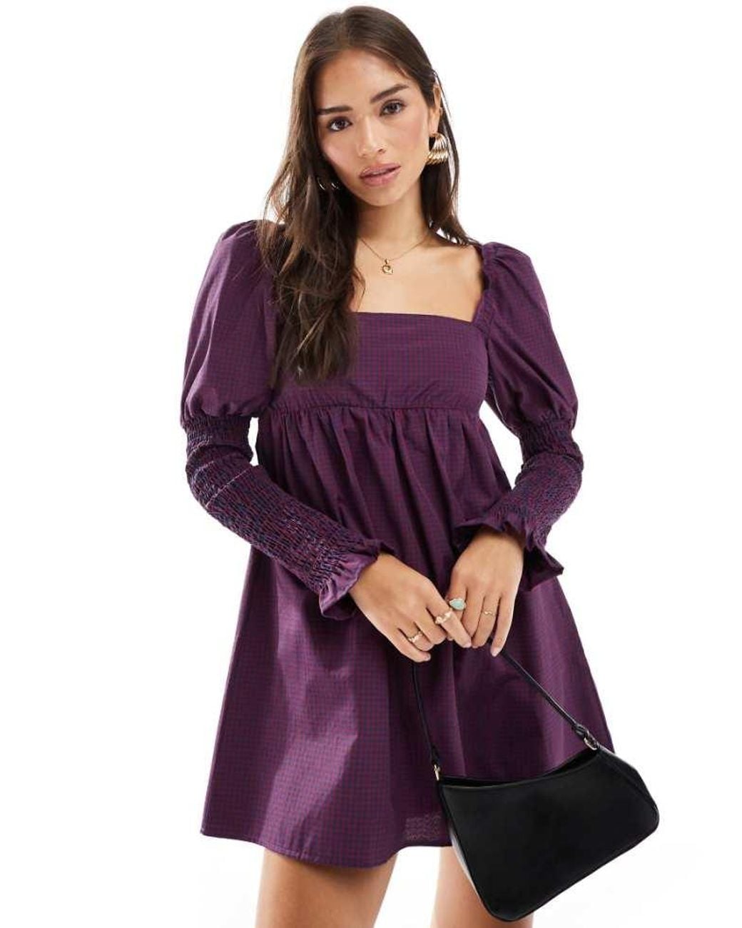 ASOS Purple Poplin Shirred Sleeve Mini Dress