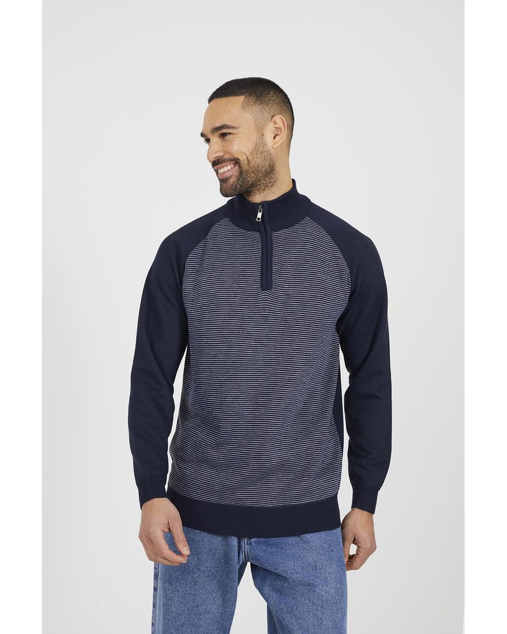 Brave Soul Blue Quarter Zip Funnel Neck Jumper for men
