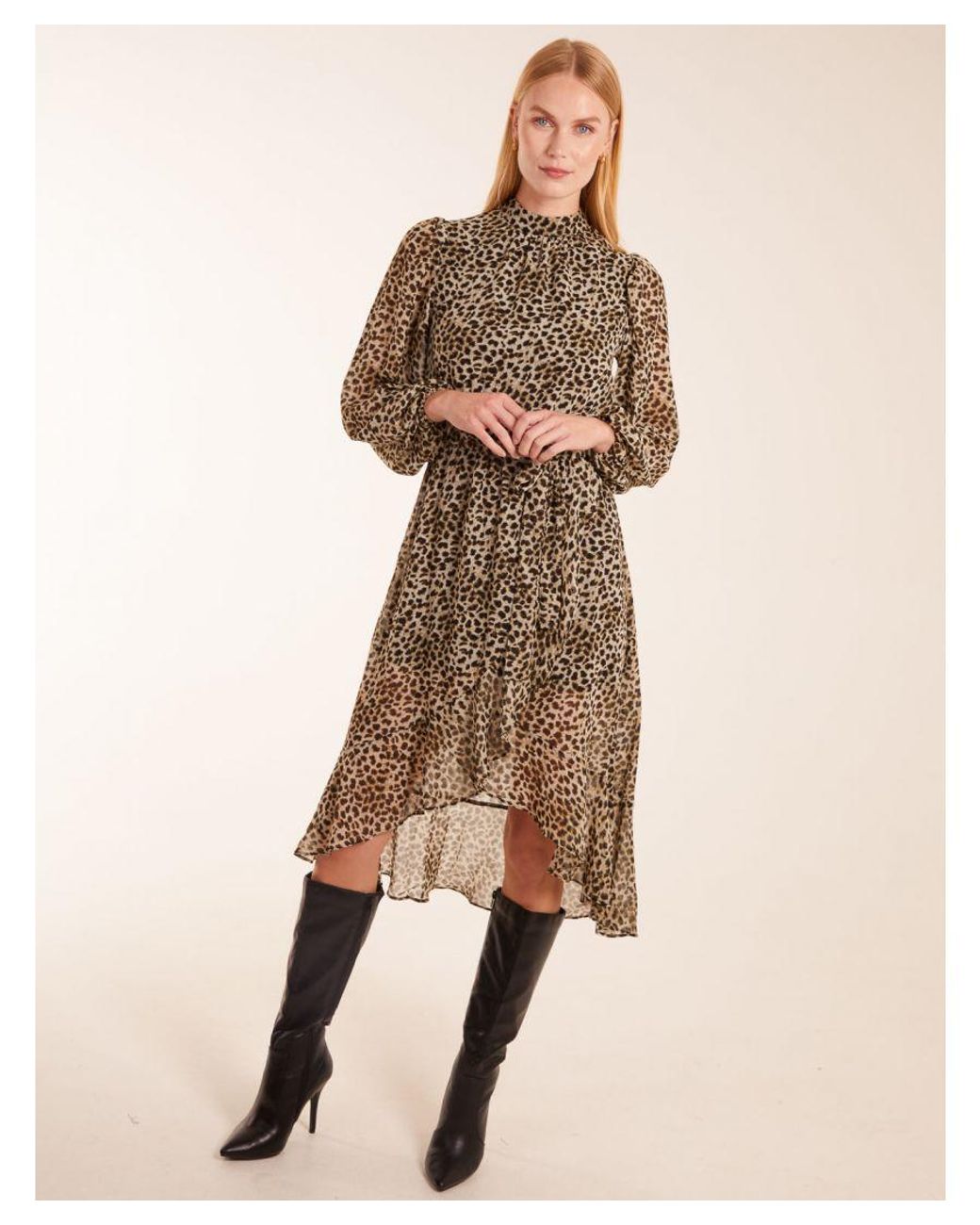 Blue Vanilla Brown Leopard Print High Neck Wrap Frill Hem Midi Dress