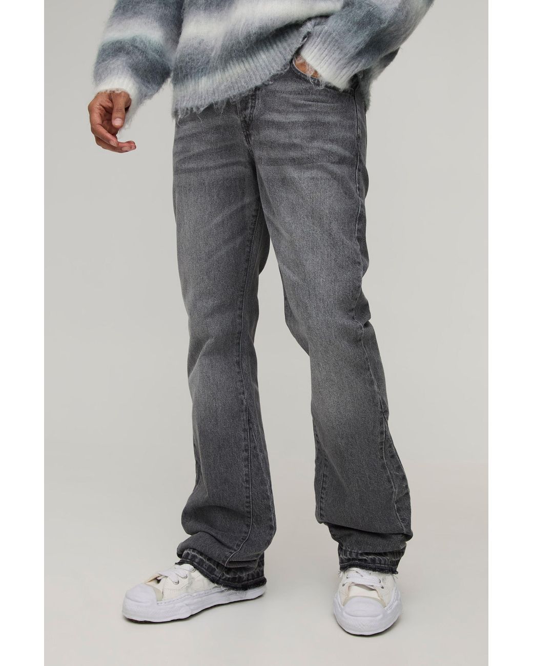 BoohooMAN Gray Slim Flared Stacked Tonal Gusset Jeans for men