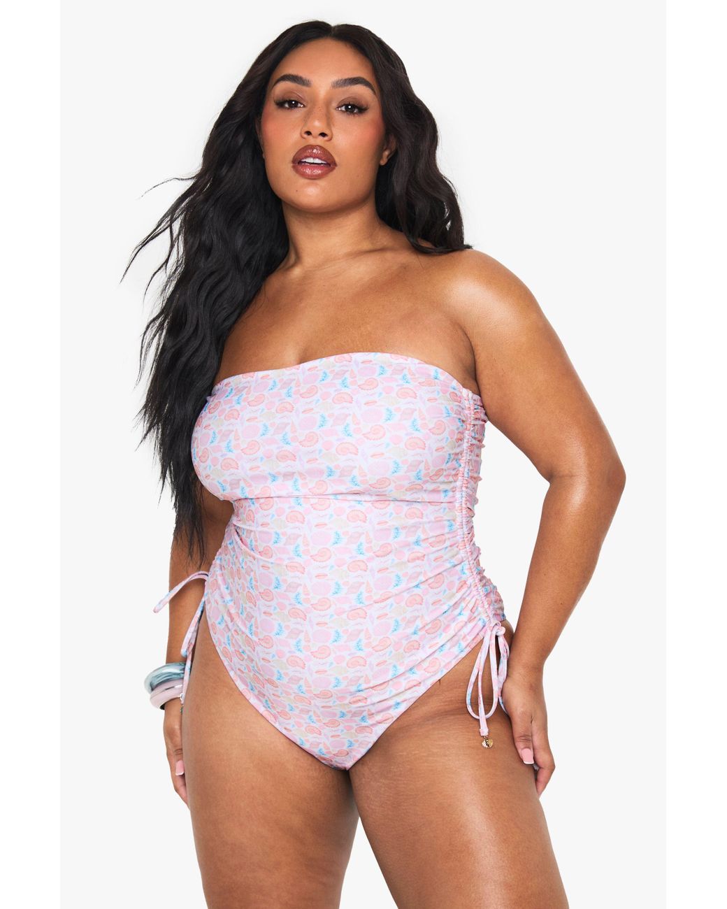 Boohoo White Plus Shell Print Pearl Trim Bandeau Bathing Suit