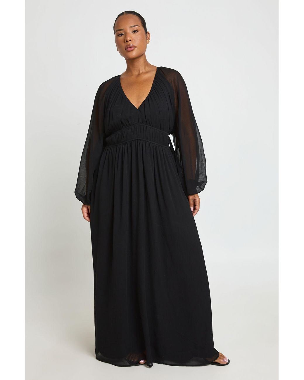 Boohoo Black Plus Chiffon Ruched Blouson Sleeve Maxi Dress