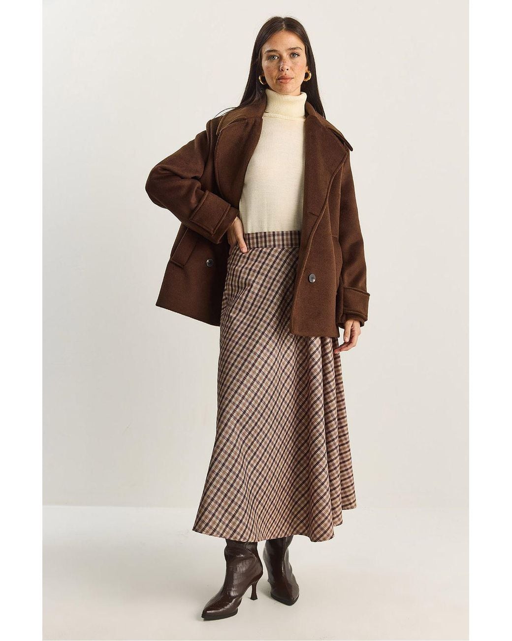 Bianco Lucci Natural Plaid Patterned High Waist Maxi Skirt