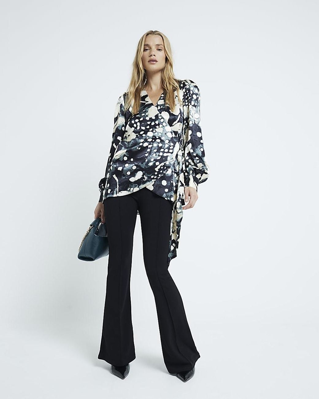 River Island White Blouse Long Sleeve Printed Wrap Viscose