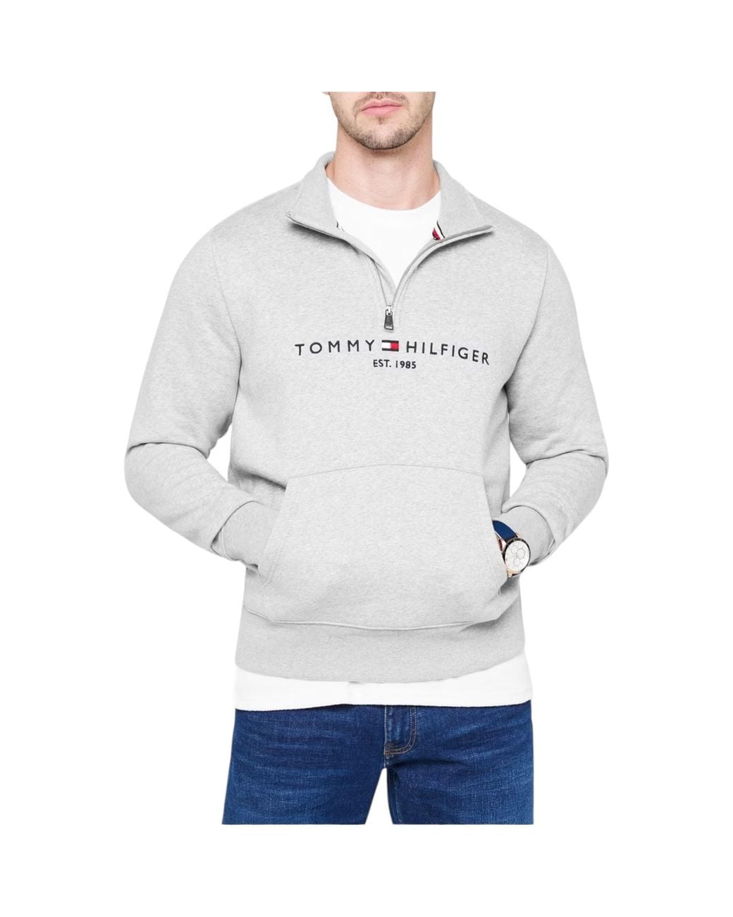 Tommy Hilfiger Gray Sweatshirts Regular Fit Logo Mock Turtleneck Half-Zip Sweats for men