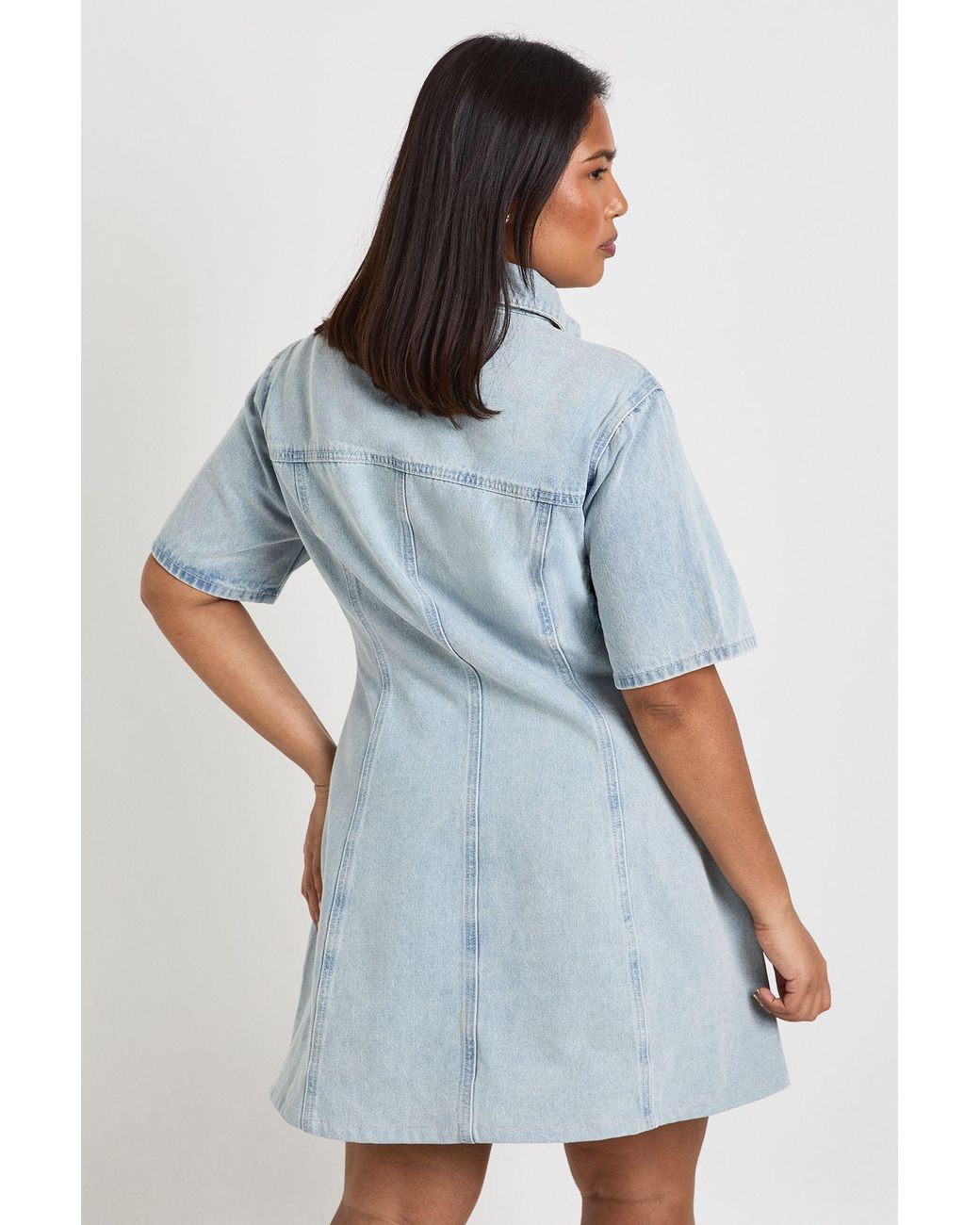 Boohoo Blue Plus Short Sleeve Cinched Waist Denim Dress