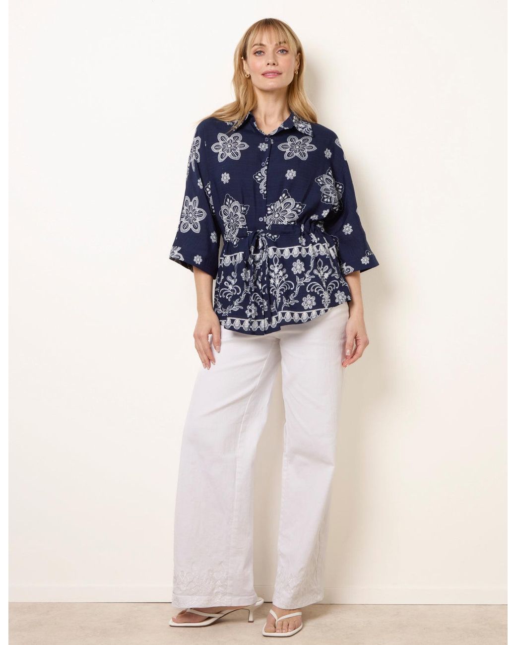 Blue Vanilla Blue Floral 3/4 Sleeve Tie Waist Shirt