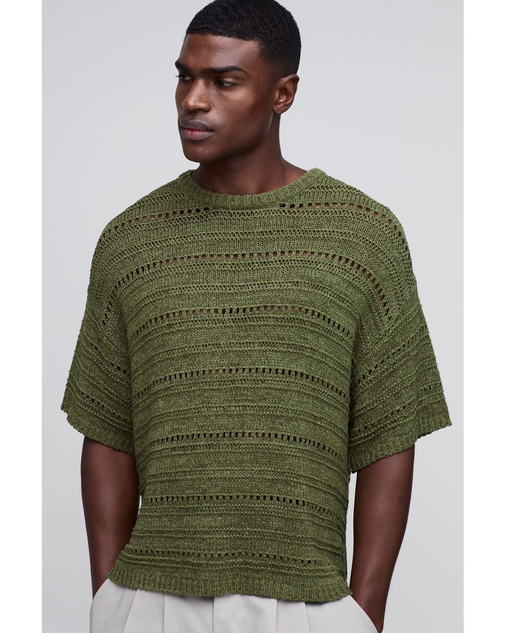 BoohooMAN Green Oversized Boxy Crochet Look Tape Yarn Knitted T-shirt for men