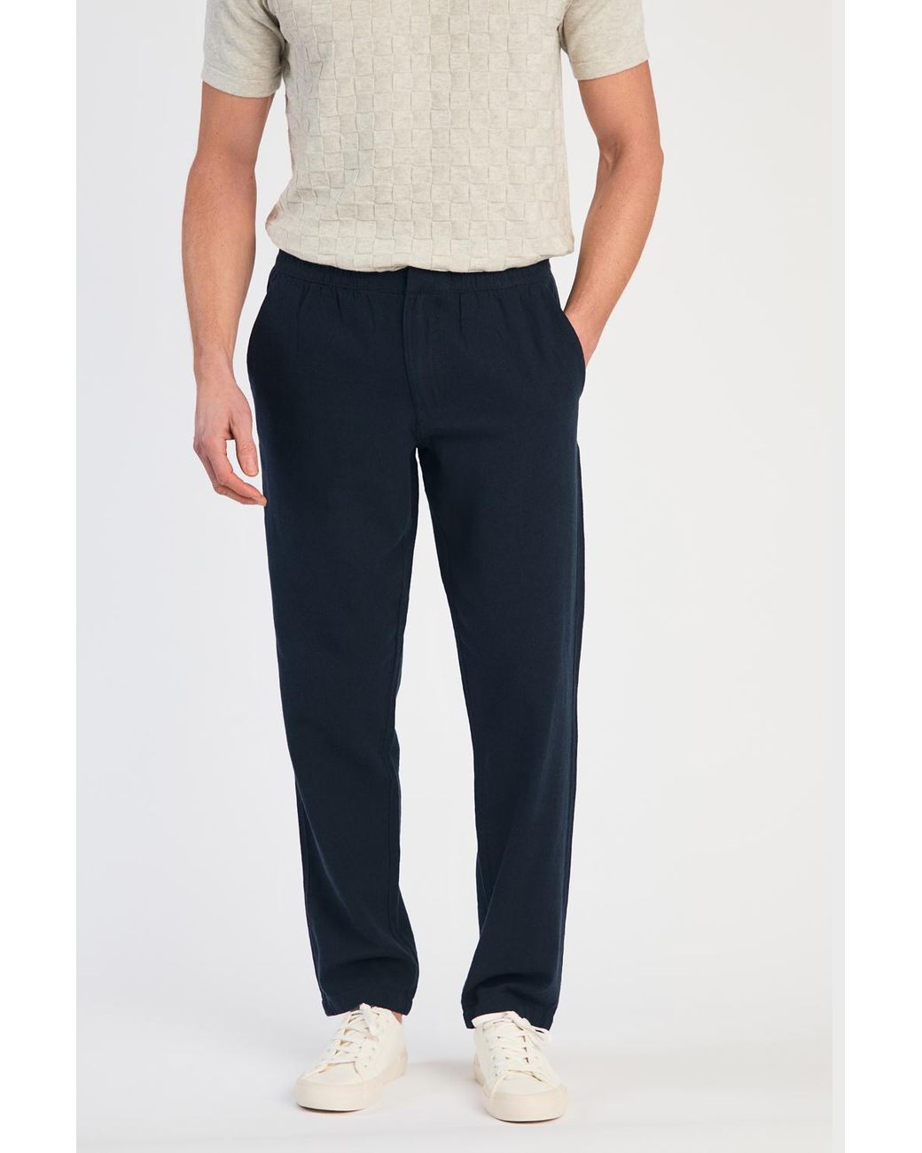 Nines Blue Linen Blend Classic Fit Trousers for men