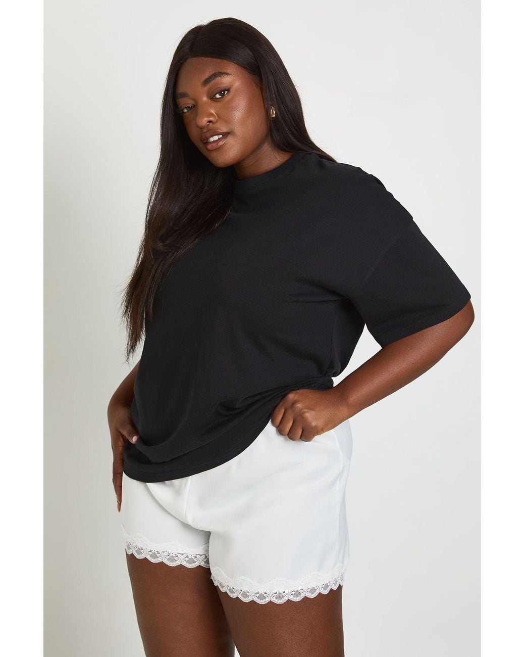 Boohoo Blue Plus Lace Trim Satin Shorts