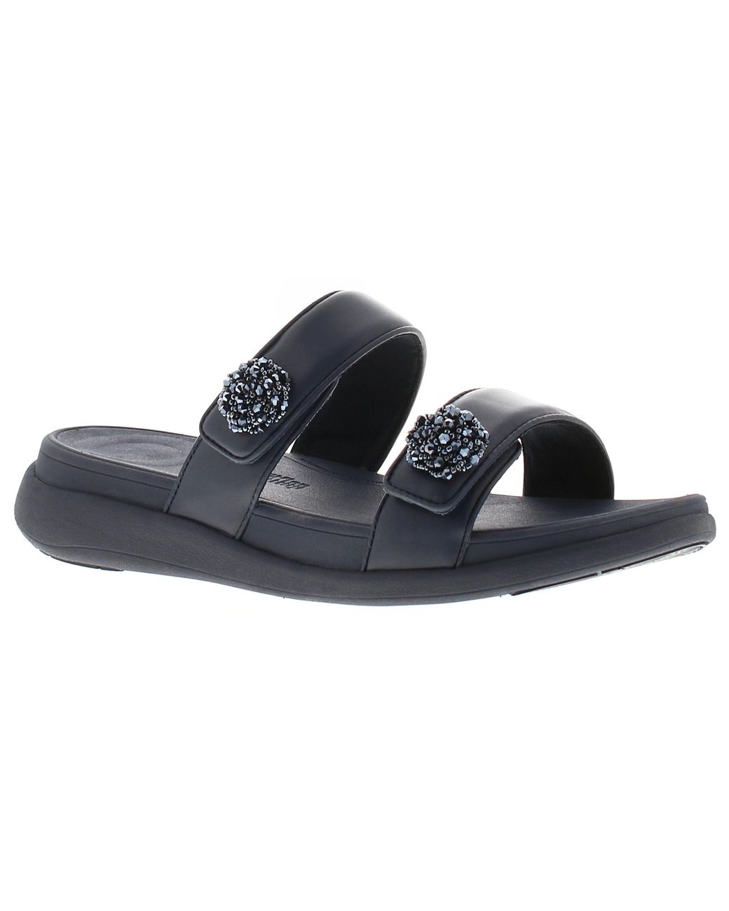 Fitflop Black Flat Sandals Mode Go Beadie Button Flatform Slip On Mindight