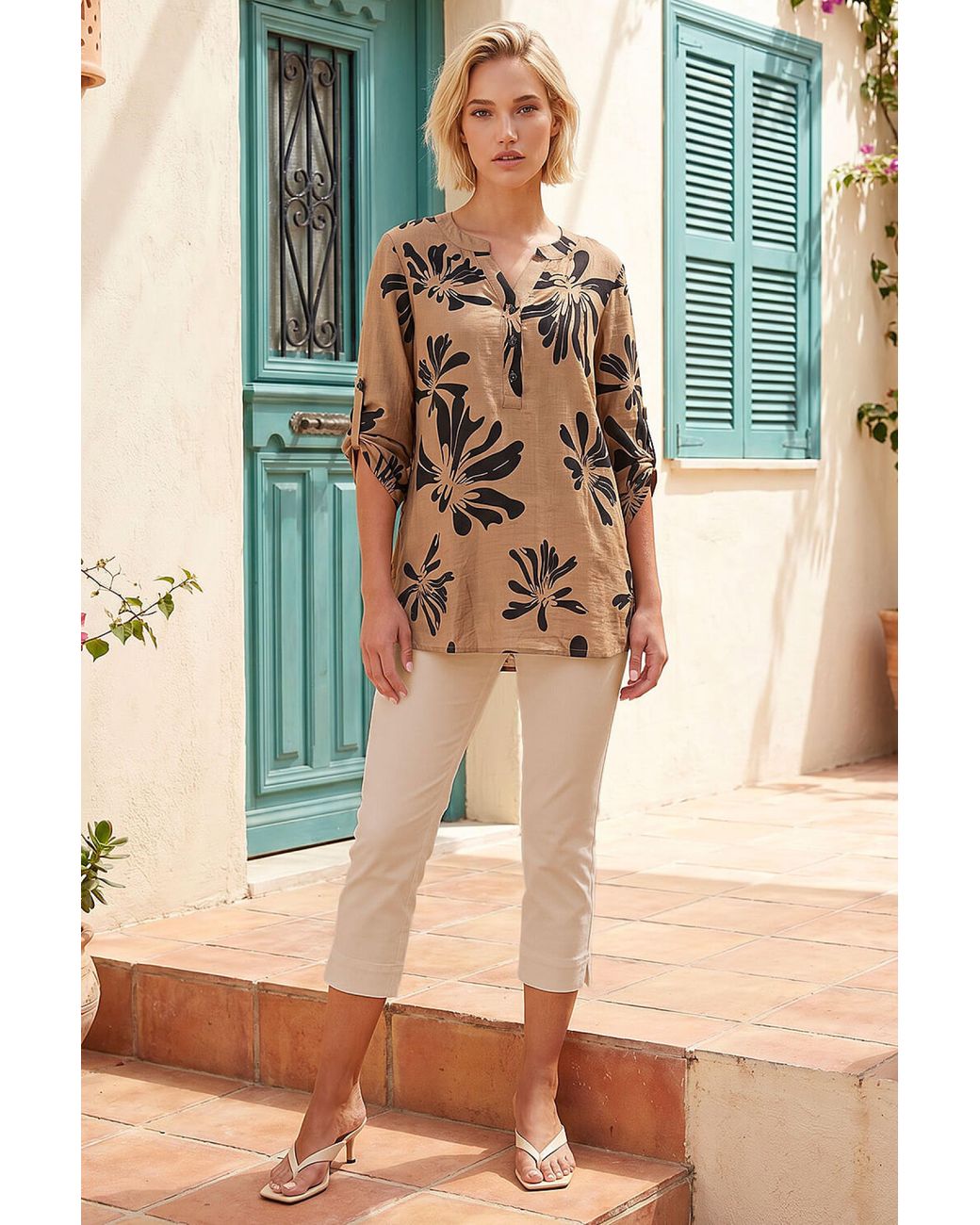 Roman Brown Floral V-Neck Top