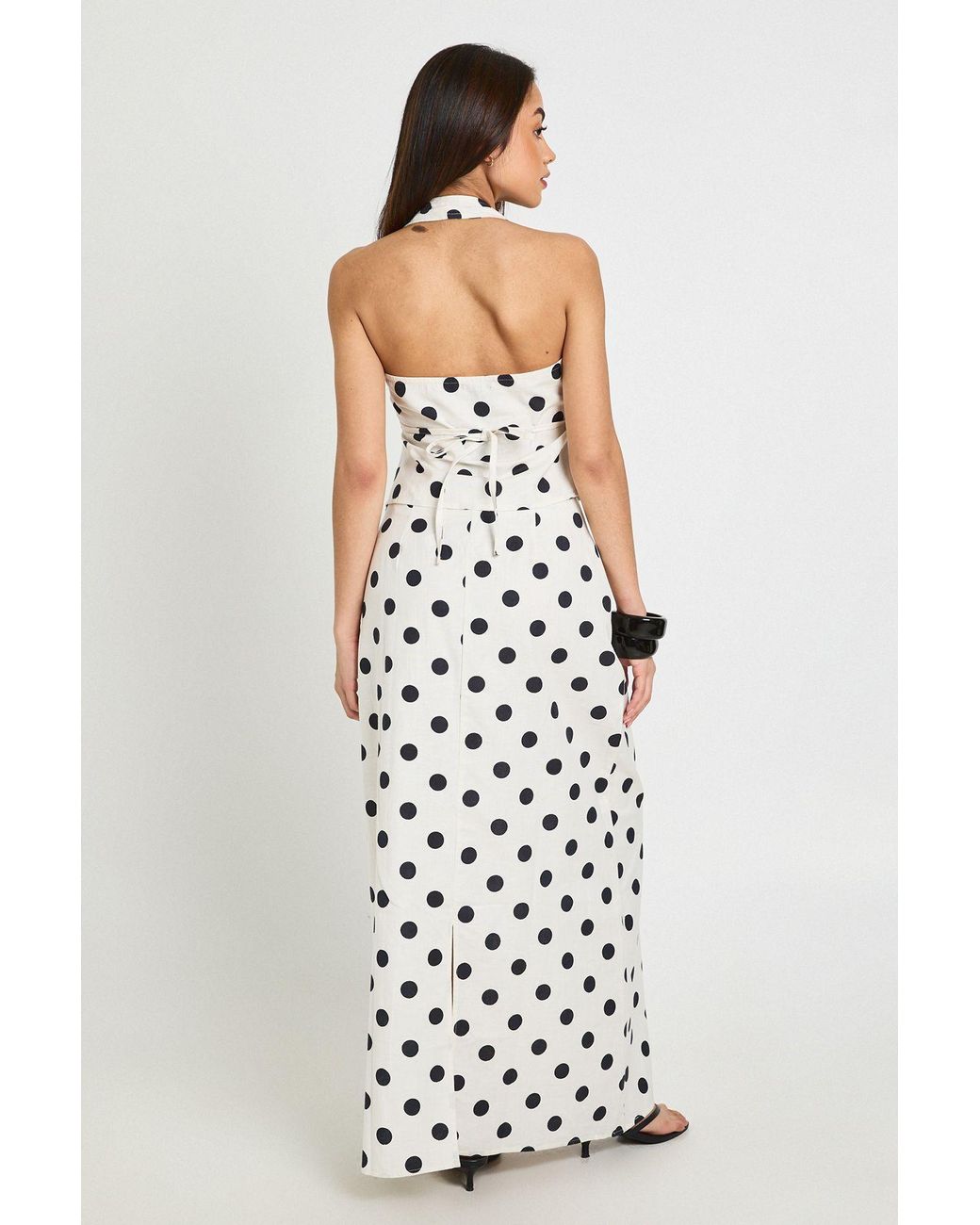 Boohoo White Polka Dot Linen Look Low Rise Maxi Skirt