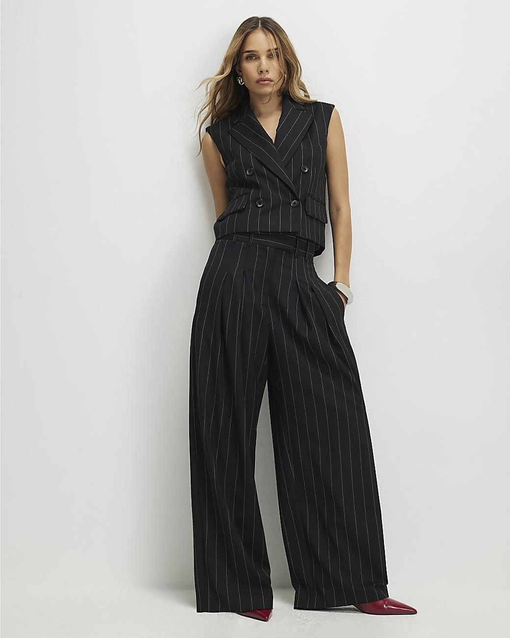 River Island Black Wide Leg Trousers Pinstripe