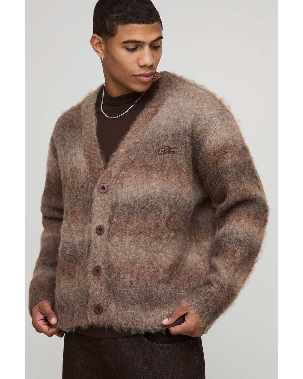 BoohooMAN Brown Boxy Fit Ombre Brushed Stripe Knitted Cardigan for men