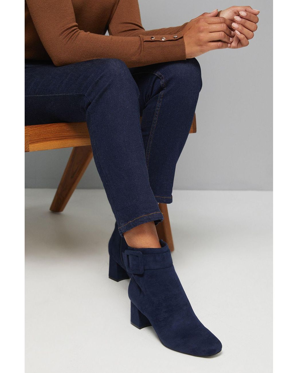 Wallis Blue Athena Faux Suede Covered Buckle Square Toe Medium Block Heel Ankle Boots