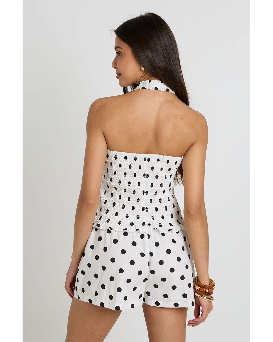 Boohoo White Polka Dot Poplin Shirred Halterneck Top